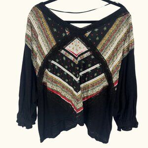 Free People Patchwork Boho Shirt Top Black Multicolor Size M